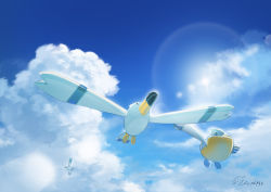 Rule 34 | absurdres, bird, closed mouth, cloud, commentary request, creatures (company), day, evolutionary line, flying, from below, game freak, gen 3 pokemon, hachiya shohei, highres, nintendo, no humans, outdoors, pelipper, pokemon, pokemon (creature), signature, sky, wingull