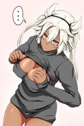 Rule 34 | ..., 10s, 1girl, breasts, brown eyes, cleavage, cleavage cutout, clothing cutout, dark skin, dark-skinned female, glasses, hair ornament, highres, kantai collection, large breasts, long sleeves, meme attire, musashi (kancolle), naked sweater, no pants, open-chest sweater, pointy hair, ribbed sweater, semi-rimless eyewear, silver hair, solo, sweatdrop, sweater, twintails, two side up, under-rim eyewear, yaruku