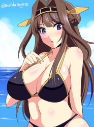 Rule 34 | 10s, 1girl, arm behind back, bikini, black bikini, breasts, brown hair, chestnut mouth, hairband, kantai collection, kongou (kancolle), large breasts, long hair, looking at viewer, navel, nishida megane, ocean, open mouth, purple eyes, solo, swimsuit, water