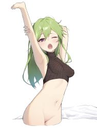 Rule 34 | 1girl, absurdres, armpits, bottomless, breasts, cleft of venus, crop top, cropped legs, genshin impact, green hair, hair between eyes, highres, kuki shinobu, looking at viewer, midriff, navel, obam, one eye closed, open mouth, purple eyes, pussy, small breasts, solo, yawning