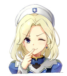 Rule 34 | &gt;;), 1girl, bad id, bad pixiv id, blonde hair, blue eyes, blush, bodysuit, combat medic ziegler, commentary request, cross, cross earrings, cross print, earrings, eyeshadow, finger to mouth, hat, highres, jewelry, long sleeves, makeup, mercy (overwatch), neet cangshu, nurse cap, overwatch, overwatch 1, short hair, simple background, single earring, sketch, smile, solo, upper body, v-shaped eyebrows, white background
