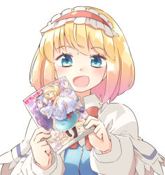 Rule 34 | 1girl, :d, alice margatroid, arnest, blonde hair, blue eyes, blush, bob cut, book, bow, bowtie, cameo, capelet, dot nose, frilled hairband, frills, hairband, hands up, holding, holding book, holding manga, lolita hairband, long sleeves, looking at viewer, manga (object), meta, open mouth, pale color, patchouli knowledge, puffy long sleeves, puffy sleeves, red bow, red bowtie, red hairband, shiny skin, short hair, simple background, smile, solo, straight-on, touhou, upper body, white background, white capelet, wing collar