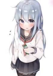 Rule 34 | 1girl, black eyes, black pantyhose, black sailor collar, black skirt, commentary request, cowboy shot, grey hair, hibiki (kancolle), highres, kantai collection, long hair, looking at viewer, mochi nabe, neckerchief, no headwear, pantyhose, pleated skirt, pretz, red neckerchief, sailor collar, school uniform, serafuku, simple background, skirt, solo, white background