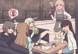 Rule 34 | 5girls, ?, band, bang dream!, bang dream! it&#039;s mygo!!!!!, black hair, brown hair, chihaya anon, closed eyes, coffee, coffee cup, couch, cup, disposable cup, drink, drinking straw, drinking straw in mouth, flying sweatdrops, grey eyes, highres, holding, holding cup, jacket, jin (jinkwon1147), kaname raana, long hair, mole, mole under eye, multiple girls, mygo!!!!! (bang dream!), nagasaki soyo, no shoes, on couch, open clothes, open jacket, pink hair, purple eyes, rain, shiina taki, sitting, sweat, sweatdrop, takamatsu tomori, water drop, white jacket