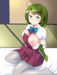 Rule 34 | 1girl, ahoge, blue bow, blue eyes, blush, bow, bowtie, braid, braided ponytail, breasts, deego (omochi bazooka), green hair, grey pantyhose, hair tie, highres, indoors, kantai collection, lactation, long hair, long sleeves, low-tied long hair, medium breasts, mole, mole under mouth, nipples, no bra, one breast out, open mouth, pantyhose, pleated skirt, purple skirt, school uniform, shiny skin, shirt tucked in, single braid, sitting, skirt, solo, very long hair, white theme, yuugumo (kancolle)