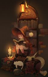 Rule 34 | 1girl, absurdres, black cat, bloomers, book, bookmark, bookshelf, boots, braid, brown eyes, brown footwear, brown jacket, brown socks, cabinet, candle, cat, closed mouth, collared shirt, glasses, hat, highres, holding, holding book, inkwell, jacket, kneehighs, ladder, lamp, original, p (pm 611a), quill, reading, red hair, scroll, shirt, sidelocks, sitting, sleeping, socks, solo, twin braids, underwear, white bloomers, white cat, white shirt, witch, witch hat, wooden ladder