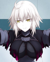 Rule 34 | 1girl, ahoge, blonde hair, breasts, capelet, chain, fate/grand order, fate (series), hair between eyes, hasebe akira, highres, jeanne d&#039;arc (fate), jeanne d&#039;arc alter (avenger) (fate), jeanne d&#039;arc alter (fate), kabedon, looking to the side, short hair, solo, torn capelet, torn clothes, upper body, yellow eyes