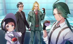 Rule 34 | 2boys, 2girls, black gloves, black hair, blonde hair, blush stickers, bright pupils, cardigan, closed mouth, collared shirt, commentary request, creatures (company), eyelashes, game freak, gloves, green hair, green jacket, green pants, grey eyes, grin, half updo, hand up, hassel (pokemon), highres, holding, holding poke ball, indoors, jacket, larry (pokemon), long hair, long sleeves, multiple boys, multiple girls, necktie, nintendo, open clothes, open jacket, pants, parted bangs, poke ball, poke ball (basic), pokemon, pokemon sv, ponytail, poppy (pokemon), red necktie, rika (pokemon), shirt, short hair, smile, suspenders, teeth, vest, white pupils, yu ni t