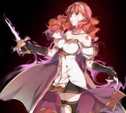 Rule 34 | 1girl, aura, black gloves, cape, celica (fire emblem), dark aura, dress, fingerless gloves, fire emblem, fire emblem echoes: shadows of valentia, gloves, hairband, holding, holding sword, holding weapon, long hair, misu kasumi, nintendo, parted lips, red eyes, red hair, simple background, solo, sword, thighhighs, weapon
