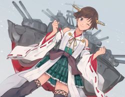 Rule 34 | 1girl, bare shoulders, boots, brown hair, clenched hand, commentary request, cowboy shot, detached sleeves, dutch angle, flipped hair, green skirt, hairband, headgear, hiei (kancolle), hiei kai ni (kancolle), kantai collection, machinery, nakagomiyuki415, nontraditional miko, one eye closed, plaid, plaid skirt, ribbon-trimmed sleeves, ribbon trim, short hair, skirt, solo, thigh boots, thighhighs