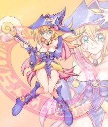Rule 34 | 1girl, artist request, bad id, bad pixiv id, bare shoulders, blonde hair, blue footwear, blush, blush stickers, boots, breasts, cleavage, close-up, curvy, dark magician girl, duel monster, full body, green eyes, hair between eyes, hat, highres, large breasts, long hair, looking at viewer, magic, magical girl, off shoulder, open mouth, pelvic curtain, pentacle, shiny clothes, shiny skin, signature, skirt, wizard hat, yu-gi-oh!