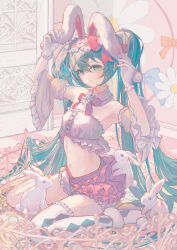 Rule 34 | 1girl, absurdres, animal, animal ears, aqua eyes, aqua hair, bare shoulders, bow, bowtie, breasts, closed mouth, collar, commentary, detached collar, detached sleeves, easter, fake animal ears, flower, frilled skirt, frills, full body, gloves, green eyes, green hair, hair between eyes, hair bow, hatsune miku, highres, indoors, kurohanesawa, long hair, looking at viewer, midriff, miniskirt, navel, official alternate costume, pleated skirt, rabbit, rabbit ears, rabbit girl, red bow, red bowtie, sitting, skirt, small breasts, solo, taito four seasons figure (vocaloid), thighhighs, twintails, very long hair, vocaloid, wariza, white collar, white flower, white gloves, white thighhighs