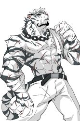 Rule 34 | 1boy, abs, alternate pectoral size, animal ears, arknights, bara, chain, chain necklace, facial hair, feet out of frame, from below, furry, furry male, goatee, hagrang, head tilt, highres, jewelry, large hands, looking at viewer, male focus, mountain (arknights), muscular, muscular male, necklace, nipples, pants, pectorals, scar, scar across eye, scar on arm, short hair, solo, standing, stomach, thick eyebrows, tiger boy, tiger ears, topless male, white hair