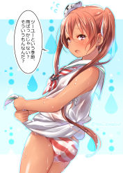 Rule 34 | 10s, 1girl, ass, bad id, bad pixiv id, brown eyes, brown hair, dark-skinned female, dark skin, dress, hat, juurouta, kantai collection, libeccio (kancolle), long hair, panties, sailor dress, solo, striped clothes, striped panties, translated, twintails, underwear, wet, wet clothes, wringing