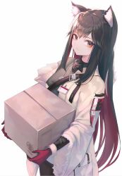 Rule 34 | 1girl, absurdres, animal ear fluff, animal ears, arknights, black hair, black shirt, box, cardboard box, carrying, cat ears, closed mouth, coat, cowboy shot, dog tags, ear piercing, expressionless, frostscent, gloves, highres, id card, long hair, long sleeves, looking at viewer, multicolored hair, official alternate costume, open clothes, open coat, orange eyes, pantyhose, piercing, red gloves, red hair, shirt, simple background, solo, standing, strap, texas (arknights), texas (winter messenger) (arknights), two-tone hair, very long hair, white background, white coat
