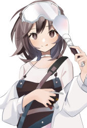 Rule 34 | 1girl, :q, arknights, blush, brown eyes, brown hair, brown overalls, ear piercing, goggles, goggles on head, highres, holding, holding brush, jacket, kurakak6, licking lips, long sleeves, looking at viewer, makeup brush, off shoulder, open clothes, open jacket, overalls, piercing, roberta (arknights), shirt, short hair, simple background, solo, tongue, tongue out, upper body, white background, white jacket, white shirt