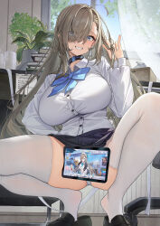 Rule 34 | 1girl, asuna (blue archive), black footwear, black skirt, blue archive, blue bow, blue bowtie, blue eyes, bow, bowtie, breasts, catsmoon, collared shirt, eyes visible through hair, grey hair, grin, hair over one eye, hand up, highres, large breasts, long hair, long sleeves, looking at viewer, panties, parted lips, shirt, signature, skirt, smile, solo, spread legs, squatting, tablet pc, teeth, thighs, underwear, white panties, white shirt