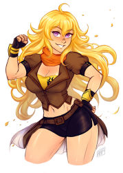 Rule 34 | 1girl, belt, bike shorts, blonde hair, breasts, brown jacket, cleavage, contrapposto, cropped legs, fingerless gloves, gloves, iahfy, jacket, long hair, medium breasts, midriff, navel, orange scarf, overskirt, puffy short sleeves, puffy sleeves, purple eyes, rwby, scarf, short sleeves, showgirl skirt, smile, solo, standing, strapless, tube top, yang xiao long