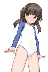 Rule 34 | 1girl, absurdres, athletic leotard, black hair, brown eyes, cowboy shot, flat chest, from below, highres, kantai collection, leotard, looking to the side, maru (marg0613), pussy juice stain, short hair, short hair with long locks, sideways glance, simple background, solo, two-tone leotard, ukuru (kancolle), white background