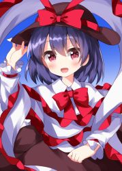 Rule 34 | 1girl, black hat, black skirt, blue background, blue hair, bow, capelet, collared shirt, frilled capelet, frilled shawl, frilled sleeves, frills, gradient background, hair between eyes, hat, hat bow, hat ribbon, hay, highres, long skirt, long sleeves, nagae iku, one-hour drawing challenge, open mouth, red eyes, ribbon, ruu (tksymkw), shawl, shirt, skirt, smile, solo, touhou, white shirt