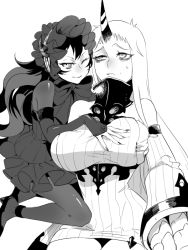 Rule 34 | 10s, 2girls, abyssal ship, bad id, bad pixiv id, black hair, grabbing another&#039;s breast, breasts, claws, detached sleeves, dress, gothic lolita, grabbing, greyscale, horns, isolated island oni, kantai collection, large breasts, lolita fashion, long hair, monochrome, multiple girls, nail polish, one eye closed, pantyhose, ribbed dress, seaport princess, short dress, sideboob, single horn, smile, sweatdrop, white hair, zuwai kani