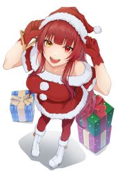 Rule 34 | 1girl, boots, box, christmas, dress, fur-trimmed boots, fur-trimmed dress, fur trim, gift, gift box, gloves, hat, heterochromia, highres, hololive, houshou marine, kinoshita niko, looking at viewer, open mouth, red gloves, red hat, red legwear, santa boots, santa costume, santa dress, santa gloves, santa hat, shadow, smile, solo, virtual youtuber, white background, white footwear