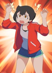 Rule 34 | 1girl, absurdres, arms up, artist name, bad id, bad pixiv id, black hair, blush, brand new animal, fang, highres, jacket, kagemori michiru, long sleeves, looking at viewer, once 11h, open mouth, red eyes, red jacket, shirt, short hair, shorts, solo, spoilers, track jacket, white shirt