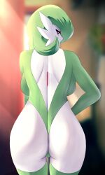 Rule 34 | 1girl, ass, backboob, blurry, blurry background, breasts, colored skin, creatures (company), from behind, game freak, gardevoir, gen 3 pokemon, glance, green leotard, green thighhighs, grey hair, grey skin, highres, large breasts, leotard, looking at viewer, looking back, nintendo, pointy ears, pokemon, pokemon (creature), red eyes, sana!rpg, solo, thighhighs