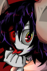 Rule 34 | 1girl, animal ears, bad id, bad pixiv id, black hair, colored sclera, creepy, female focus, heterochromia, inaba tewi, mismatched sclera, multicolored eyes, pale skin, rabbit ears, red eyes, red sclera, senmu (0107), short hair, solo, star (symbol), tongue, touhou