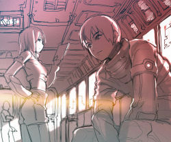 Rule 34 | 1boy, 1girl, bad id, bad pixiv id, door, from side, hand on own hip, hands on lap, holding, holding paper, ladic, lens flare, light, monochrome, original, paper, science fiction, shorts, sitting, standing, train, train interior, window
