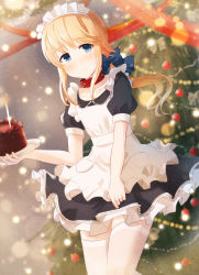 Rule 34 | 1other, androgynous, apron, bad id, bad pixiv id, black dress, blonde hair, blue bow, blue eyes, blurry, blurry background, blush, bow, burning, cake, candle, chevalier d&#039;eon (fate), chihuri, chocolate cake, christmas ornaments, christmas tree, closed mouth, collar, collarbone, commentary request, depth of field, dress, dutch angle, fate/grand order, fate (series), fingernails, fire, food, frilled apron, frills, hair bow, highres, holding, holding plate, long hair, looking at viewer, low ponytail, maid, maid apron, maid headdress, plate, pleated dress, ponytail, puffy short sleeves, puffy sleeves, red collar, red ribbon, ribbon, short sleeves, sidelocks, solo, thighhighs, very long hair, white apron, white thighhighs