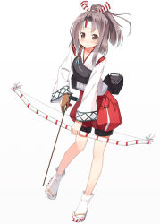 Rule 34 | 10s, 1girl, bow (weapon), brown eyes, brown hair, gloves, headband, hyuuga azuri, japanese clothes, kantai collection, long hair, muneate, ponytail, smile, solo, weapon, zuihou (kancolle)