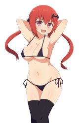 Rule 34 | 1girl, :d, armpits, arms behind head, arms up, bad id, bad pixiv id, bat hair ornament, bikini, black bikini, black ribbon, black thighhighs, blush, breasts, cleavage, collarbone, commentary request, cowboy shot, fang, gabriel dropout, hair ornament, highres, large breasts, long hair, looking at viewer, micro bikini, navel, nyaroon, open mouth, purple eyes, red hair, ribbon, satanichia kurumizawa mcdowell, side-tie bikini bottom, simple background, smile, solo, stomach, strap pull, swimsuit, tareme, thighhighs, twintails, underboob, v-shaped eyebrows, white background