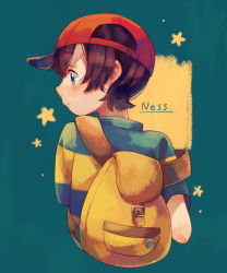 Rule 34 | 1boy, backpack, bag, baseball cap, belt buckle, brown hair, buckle, hat, looking to the side, mother (game), mother 2, ness (mother 2), nintendo, red headwear, shifumame, shirt, short hair, short sleeves, striped clothes, striped shirt