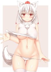Rule 34 | 1girl, animal ears, areola slip, bare arms, bare shoulders, blush, breasts, closed mouth, clothes pull, covered erect nipples, cowboy shot, crop top, eyebrows, gluteal fold, groin, hat, highres, inubashiri momiji, large breasts, looking at viewer, midriff, navel, no bra, panties, panty pull, pom pom (clothes), pulled by self, red eyes, shirt, short hair, sleeveless, sleeveless shirt, smile, solo, stomach, tail, thighhighs, tokin hat, touhou, underboob, underwear, white hair, white panties, white shirt, white thighhighs, wolf ears, wolf girl, wolf tail, yuu (yu0221f)
