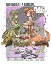 Rule 34 | 2girls, bento, blush, book, bottle, breasts, cleavage, cleavage cutout, clothing cutout, corset, dinosaur girl, dinosaur tail, from side, green hair, kamitoge supino, large breasts, long neck, looking at viewer, medium breasts, mole, mole under eye, multiple girls, original, paleo idol, personification, picnic, sitting, smile, tail, veil, yellow eyes