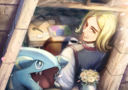 Rule 34 | 1boy, blonde hair, book, chair, checkered floor, commentary request, creatures (company), cup, day, desk, falling petals, flipped hair, flower, game freak, gen 4 pokemon, gible, hassel (pokemon), holding, holding cup, looking back, looking up, male focus, medium hair, mitsuki yuzunoha, mug, nintendo, parted bangs, parted lips, pen, petals, pokemon, pokemon (creature), pokemon sv, shirt, vest, white shirt, yellow eyes