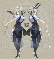 Rule 34 | 1girl, ace (playing card), ace of spades, animal ears, bad id, bad pixiv id, black pantyhose, blue eyes, bullet, card, character name, dated, dual persona, fake animal ears, floating card, female focus, from side, full body, grey background, izayoi sakuya, king (playing card), knife, maid, multiple views, pantyhose, pencil skirt, playing card, rabbit ears, shoes, short hair, silver hair, skirt, spade (shape), standing, suspender skirt, suspenders, tetsu (fatqueen), touhou