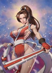 Rule 34 | 1girl, breasts, brown eyes, brown hair, cleavage, fatal fury, large breasts, long hair, ponytail, shiranui mai, sideboob, snk, tagme, the king of fighters