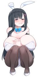 Rule 34 | 1girl, absurdres, akitokage, animal ears, armband, bare shoulders, black hair, blue bow, blue bowtie, blunt bangs, blush, bow, bowtie, breasts, cleavage, covering privates, detached collar, embarrassed, fake animal ears, fishnet pantyhose, fishnets, full body, hair ornament, hairclip, highres, huge breasts, leotard, long hair, looking at viewer, nozomi (akitokage01), open mouth, oppai loli, original, pantyhose, playboy bunny, purple eyes, rabbit ears, shoes, simple background, solo, squatting, strapless, strapless leotard, white background, white footwear, white leotard