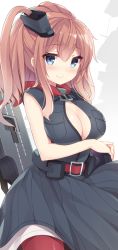 Rule 34 | 10s, 1girl, anchor, belt, belt buckle, black dress, black shirt, blouse, blue eyes, blush, breast pocket, breasts, brown hair, buckle, center opening, cleavage, closed mouth, dress, flight deck, kantai collection, large breasts, neckerchief, open clothes, open shirt, pocket, ponytail, red belt, red neckerchief, red thighhighs, saratoga (kancolle), saratoga mk ii (kancolle), shirt, side ponytail, smile, smokestack, solo, thighhighs, watanon (gakushokutei)