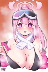 areola_slip bikini black_bikini blue_archive breasts eimi_(blue_archive) eimi_(swimsuit)_(blue_archive) goggles goggles_on_head jacket large_breasts namioka_nishihito pink_eyes pink_hair pink_jacket ponytail scarf sweat sweatdrop swimsuit tongue tongue_out