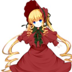 Rule 34 | 1girl, bad id, bad pixiv id, blonde hair, blue eyes, bonnet, dress, drill hair, long hair, long sleeves, looking at viewer, rozen maiden, shinku, solo, transparent background, twintails, umxzo, very long hair