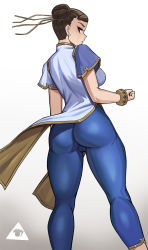 Rule 34 | 1girl, ass, blue pants, bracelet, breasts, brown eyes, brown hair, cameltoe, capcom, chinese clothes, chun-li, cleft of venus, closed mouth, cowboy shot, donburi (donburikazoku), double bun, earrings, from behind, gradient background, grey background, hair bun, hair ribbon, highres, jewelry, looking back, matching hair/eyes, medium breasts, pants, ribbon, short sleeves, solo, standing, street fighter, street fighter 6