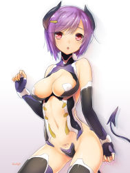 Rule 34 | 1girl, 47agdragon, :o, blush, breasts, cleavage, cleavage cutout, clothing cutout, demon girl, demon horns, demon tail, elbow gloves, fingerless gloves, gloves, hair ornament, hairclip, highres, horns, looking at viewer, navel, open mouth, original, purple hair, red eyes, revealing clothes, short hair, simple background, solo, tail, thighhighs