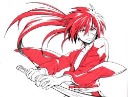 Rule 34 | 1boy, himura kenshin, long hair, rurouni kenshin, simple background, solo, sword, weapon, white background
