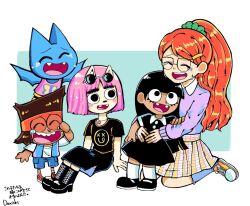 Rule 34 | 1boy, 4girls, adorabat, artist name, black dress, black footwear, black hair, black shirt, black skirt, blue shorts, blue skirt, blue socks, blue vest, blush stickers, boots, brown hair, buck teeth, cartoon network, charlene (victor and valentino), commentary, company connection, crying, danishi, dress, english commentary, eyewear on head, fangs, frilled socks, frills, glasses, green scrunchie, hair ornament, hair scrunchie, hairclip, hbo max, headband, high ponytail, hug, infinity train, jewelry, k.o. (ok k.o.!), long hair, mao mao: heroes of pure heart, multicolored clothes, multicolored skirt, multiple girls, necklace, ok k.o.! let&#039;s be heroes, on ground, open mouth, orange hair, peg leg, pink hair, pink shirt, pink skirt, purple shirt, red footwear, red headband, scrunchie, shirt, shoes, short hair, shorts, simple background, sitting, skirt, sleeveless, sleeveless shirt, socks, star (symbol), star necklace, summer camp island, susie mccallister, sweatband, t-shirt, teeth, toon (style), translation request, tulip olsen, vest, victor and valentino, white shirt, white skirt, white socks, yellow footwear, yellow skirt