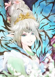 1other abstract_background bloom blue_wings blurry blurry_foreground braid butterfly_wings cropped_shoulders depth_of_field dress eyeshadow fairy final_fantasy final_fantasy_xiv flower flower_braid gold_tiara green_eyes hair_floating_upwards holding holding_staff insect_wings light_smile long_hair looking_at_viewer makeup petals pink_flower pink_lips pixie_(ff14) pointy_ears portrait purple_background purple_eyeshadow ruka_(blueplus84) single_braid staff teeth tiara titania_(final_fantasy) twitter_username white_dress wings