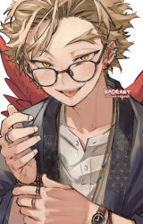 Rule 34 | 1boy, bespectacled, blonde hair, boku no hero academia, bracelet, ear piercing, earrings, facial hair, facial mark, fangs, feathers, glasses, goatee, hawks (boku no hero academia), jewelry, kadeart, looking over eyewear, male focus, multiple bracelets, multiple piercings, multiple rings, naughty face, necklace, piercing, red feathers, red wings, ring, short hair, simple background, solo, stubble, stud earrings, tongue, tongue out, twitter username, upper body, watch, white background, wings, wristwatch, yellow eyes