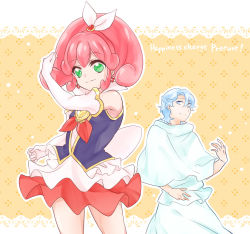 Rule 34 | 10s, 1boy, 1girl, bishounen, blue (happinesscharge precure!), blue eyes, blue hair, brooch, copyright name, cure mirage, earrings, elbow gloves, gloves, green eyes, hair ribbon, happinesscharge precure!, heart, heart brooch, highres, jewelry, magical girl, pink hair, precure, queen mirage, red skirt, ribbon, robe, shipu (gassyumaron), short hair, skirt, smile, spoilers, white gloves, yellow background